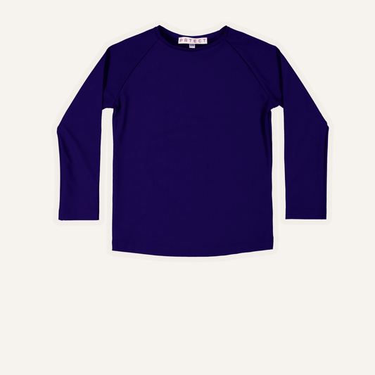 Navy blue long-sleeve kids UV shirt on a white background