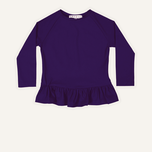 Navy long-sleeve UV top with ruffle hem on a white background